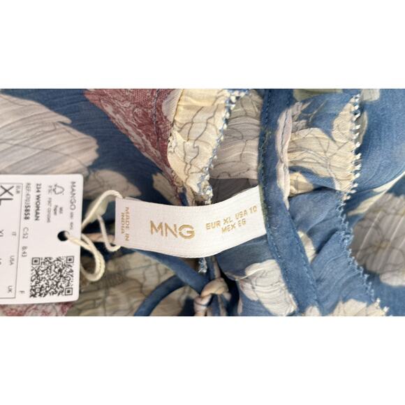 MNG Mango Floral Tie Long Sleeve Blouse Womens Size 10 Blue New Sheer - Picture 12 of 15